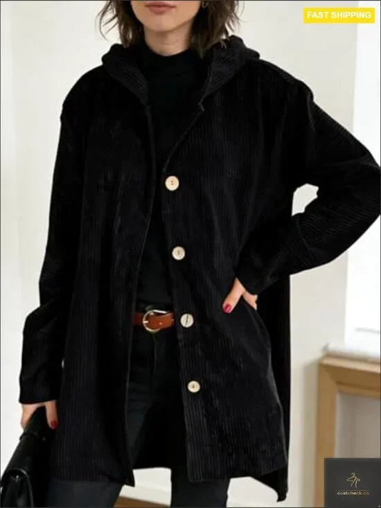 Corduroy Hooded Trench Coat Loose Fit Vintage Chic Casual Outerwear Jacket - Picture 6 of 7